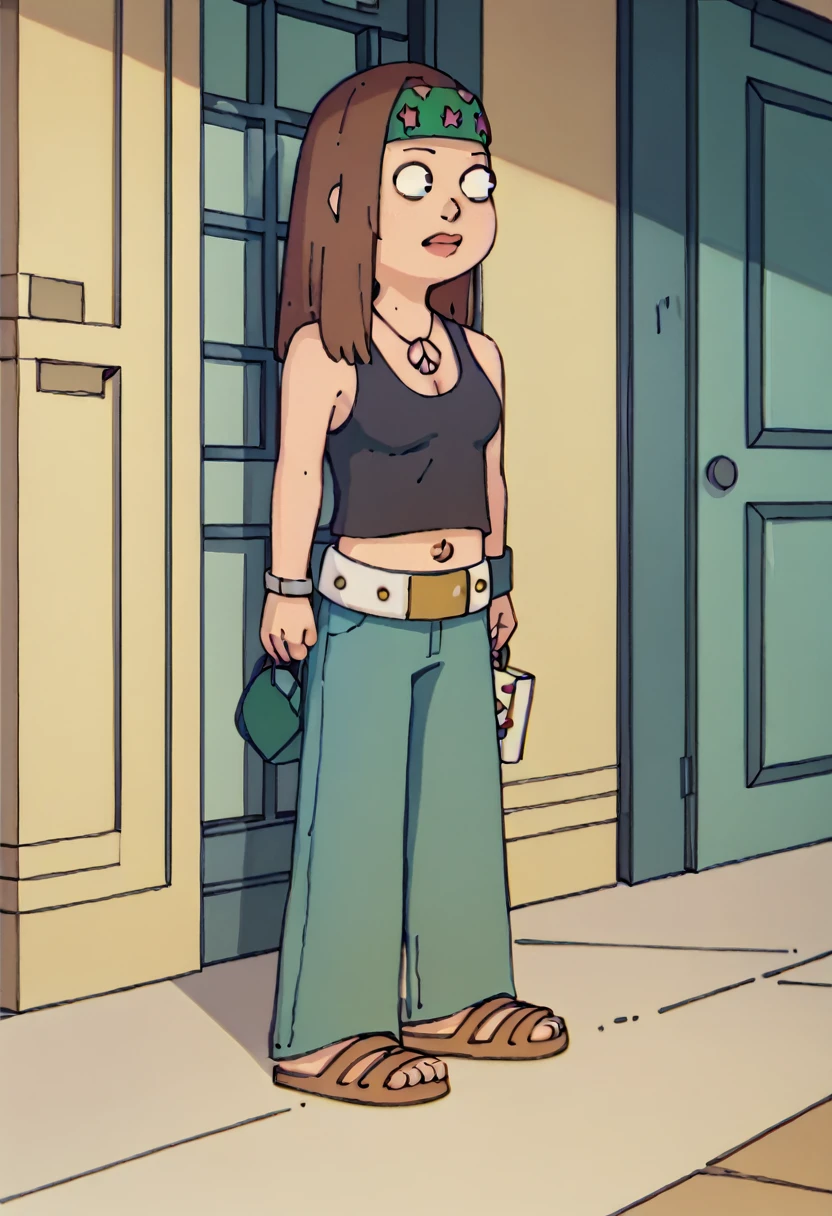 Hayley Smith, black tank top, medium breasts, blue jeans, sandals