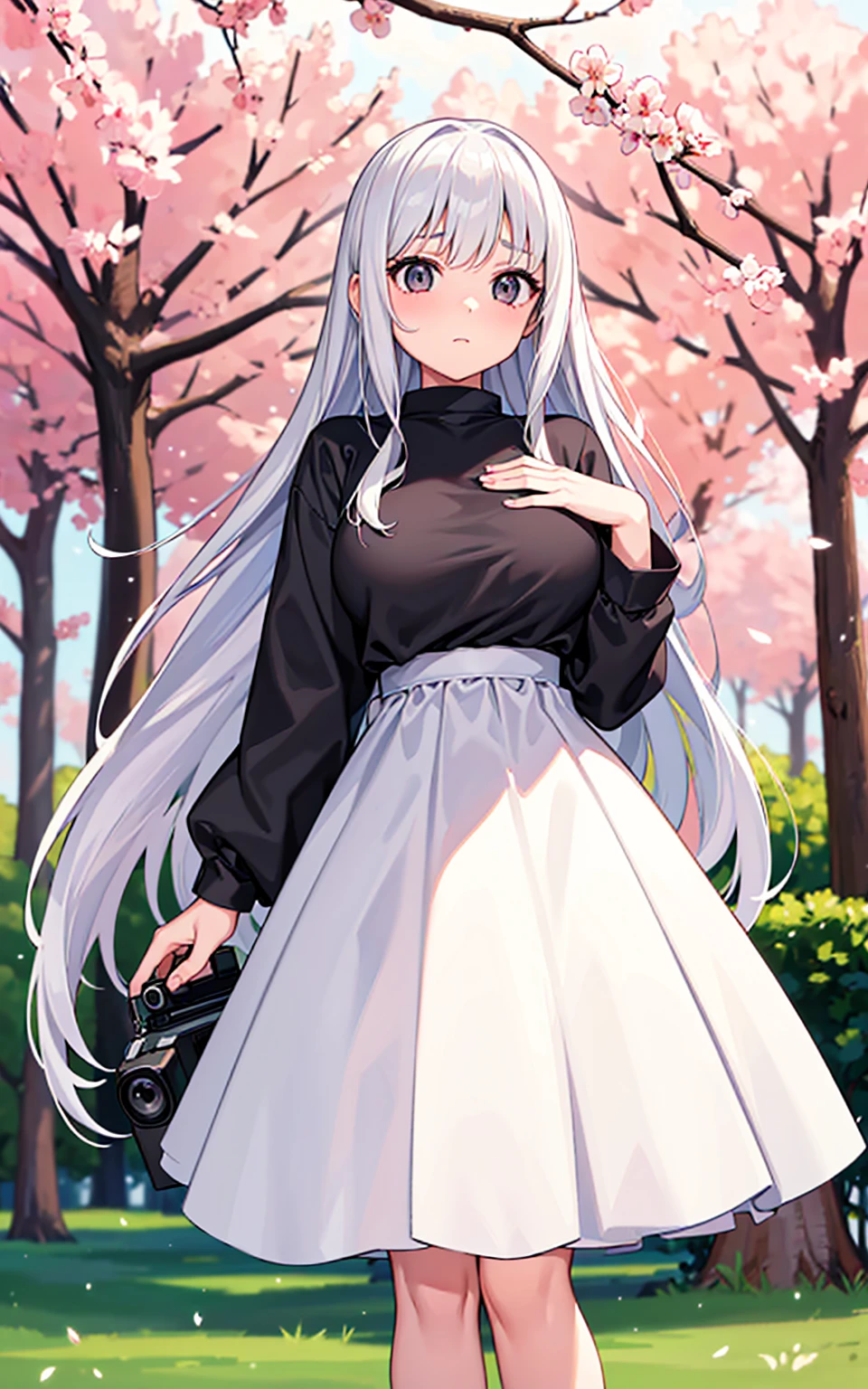 A girl,White long hair,Dissemination,17-year-old girl,C cup,gray eyes,Height 168,Looks a bit dull,Black top,White long skirt,Standing under a huge cherry tree,Facing the camera,Looking at the camera shyly,Blurred eyes,Slightly red face,One hand on chest,Looks very cute