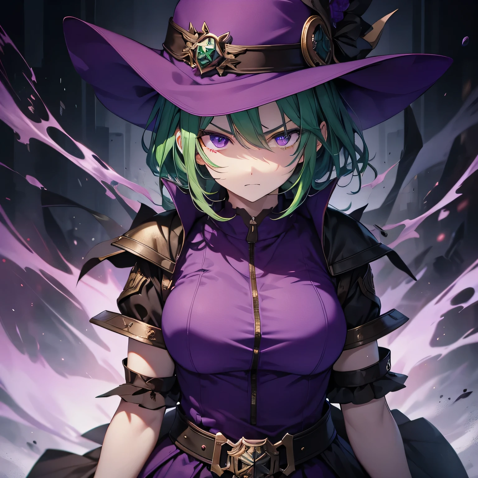 Best image quality、highest quality、Beautiful Eyes、4k、expression of murderous intent、Expressions of hatred、Purple Eyes、Green Hair