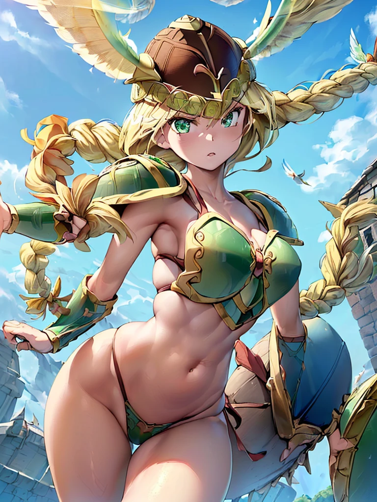 masterpiece,best quality, 1girl, 18yo, beautiful girl,BREAK,(Armor:1.8),(Helmet with wings:1.7),(Beautiful blonde,braid,Green Eyes:1.5),BREAK,(Bikini Armor:1.4),(voluptuous bust,thin waist:1.4),BREAK, (blue sky:1.4),(Running on clouds:1.5),(blue skyに舞う:1.5),