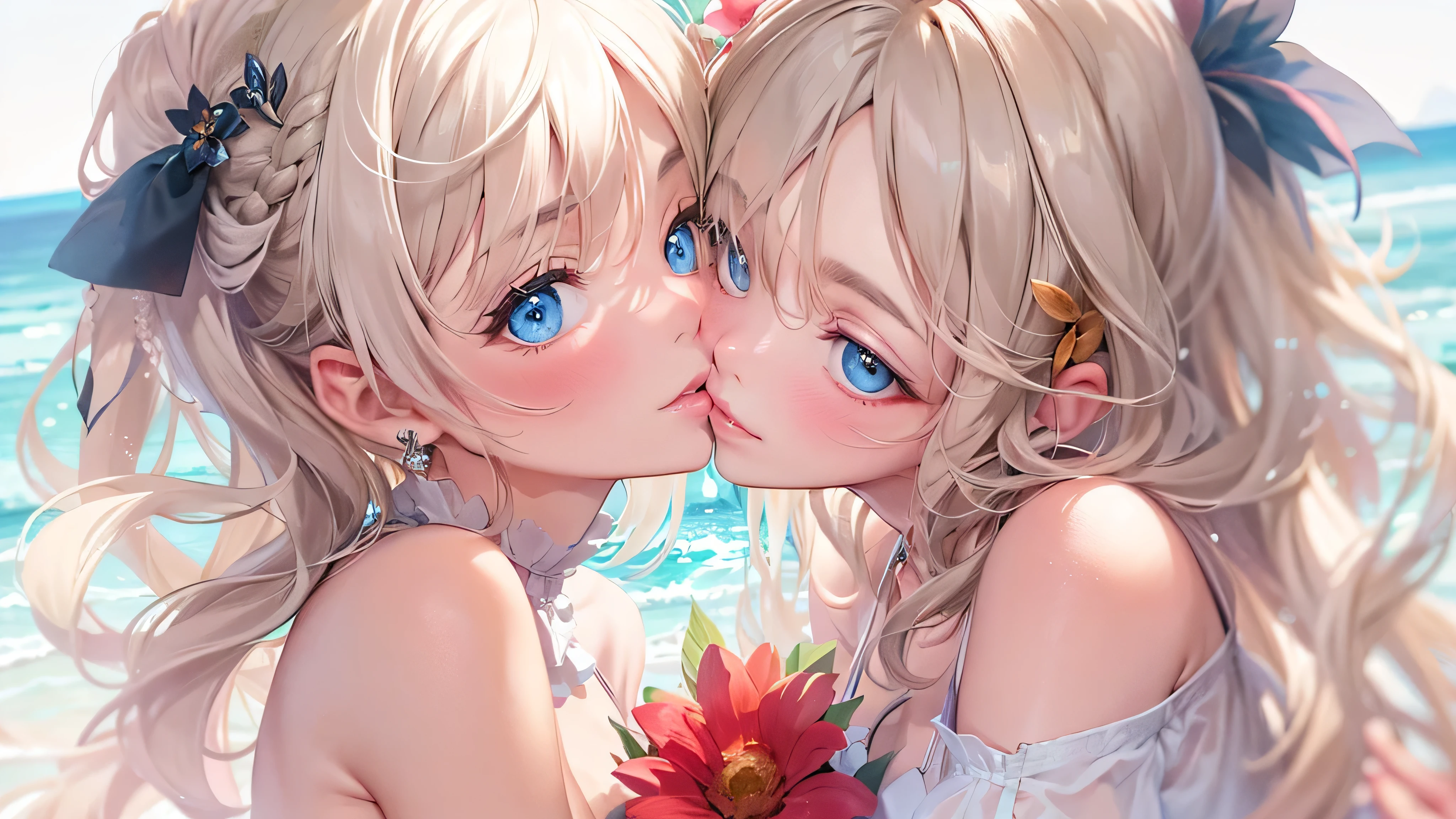 Masterpiece ,Top image quality,hight resolution,imagem 4k,Raw photo,Photorealsitic,extremely beautiful 2 hi-school girl kissing each other, lovers, naughty face, blushing , extremely beautiful lesbian deep kiss, stare each other closely, groupe breasts, gorgeous hair style white high Sox, white garter belt, exposures breasts and nipples, perfect small breasts, See-through panties, red cheek, deep blue eyes color , top less ,beautiful small butt, pink nipples, naked, Bright blue eyes like jewels, blond hair, magical , PRİNCESS, adventurous girl, slightly smile, high heel boots, gloves, earrings, outside, beautiful sunlight, flower blooming, closed up upper body, look up(masterpiece:1.6、best high quality), (beautiful eyes:1.2), From above, Ocean View、The world's most spectacular ocean view, Half in the Ocean, deep kiss, hag tight each other, naked