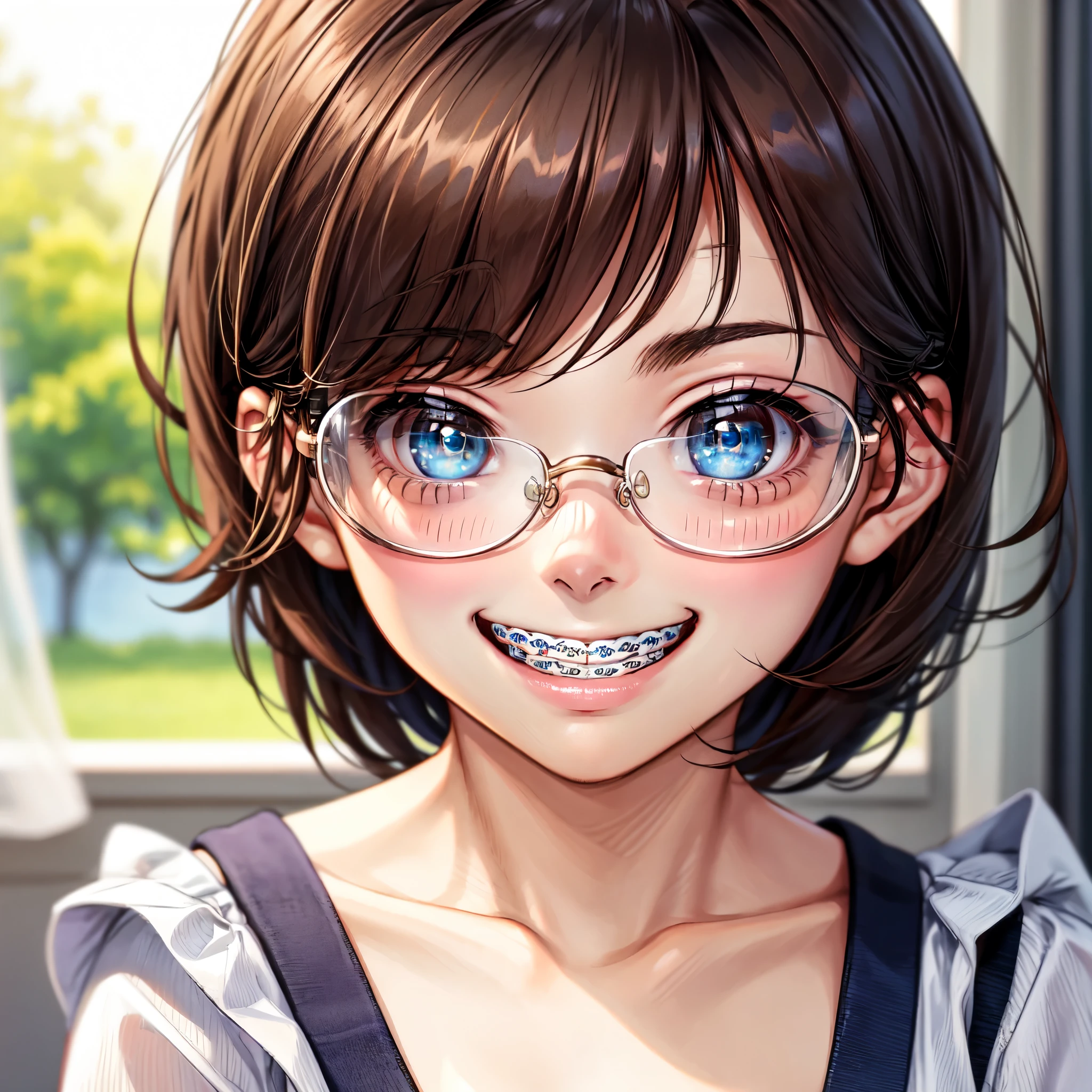 1girl, seductive eyes, braces, glasses, smiling, cute, face focus, blue eyes, blush, brown hair, best quality, masterpiece, highres