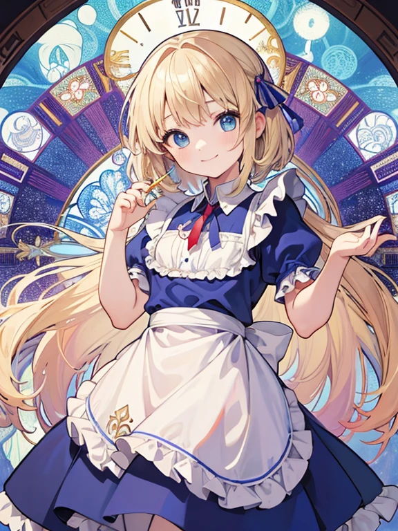 masterpiece, Highest quality, Very detailed, 16K, Ultra-high resolution, Cowboy Shot, Alice in Wonderland, (by Alfons Mucha:1.3), , Detailed face, Mischievous Smile, blue eyes, Blonde, Vertical Roll, Ribbon on head, Blue clothes, Plain white apron, 大きなclockのある部屋で, clock, 壁clock