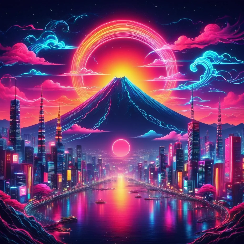 Vaporwave Aesthetic,ネオンカラー,rich colors,flash,とてもflash,Cast colorful spells,Draw in neon colors on a dark,Mt.Fuji
background,Fusion of good old Japanese scenery and modern art,POP Illustration,poster,perfect composition,Design that expresses Japan,works of art