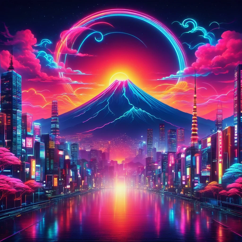 Vaporwave Aesthetic,ネオンカラー,rich colors,flash,とてもflash,Cast colorful spells,Draw in neon colors on a dark,Mt.Fuji
background,Fusion of good old Japanese scenery and modern art,POP Illustration,poster,perfect composition,Design that expresses Japan,works of art