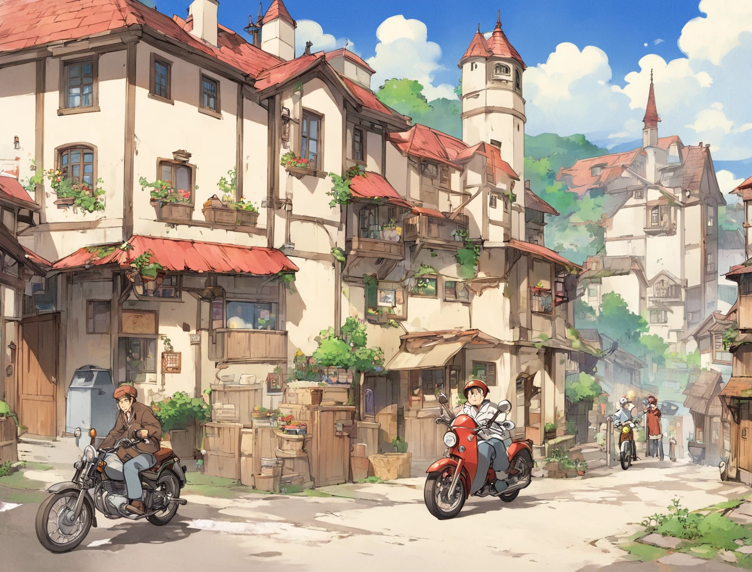 Anime style illustration of a small town with a motorbike and a man riding it, Anime scenery concept art, Ghibli Studio Anime Style, Ghibli Studio Style, By Akihiko Yoshida, Painted in an anime artist&#39;s studio, studio ghibli environment, studio Ghibli art style, studio ghibli scheme, Ghibli art style, Studio Ghibli's smooth concept art, ghibli studio art, Anime Background Art