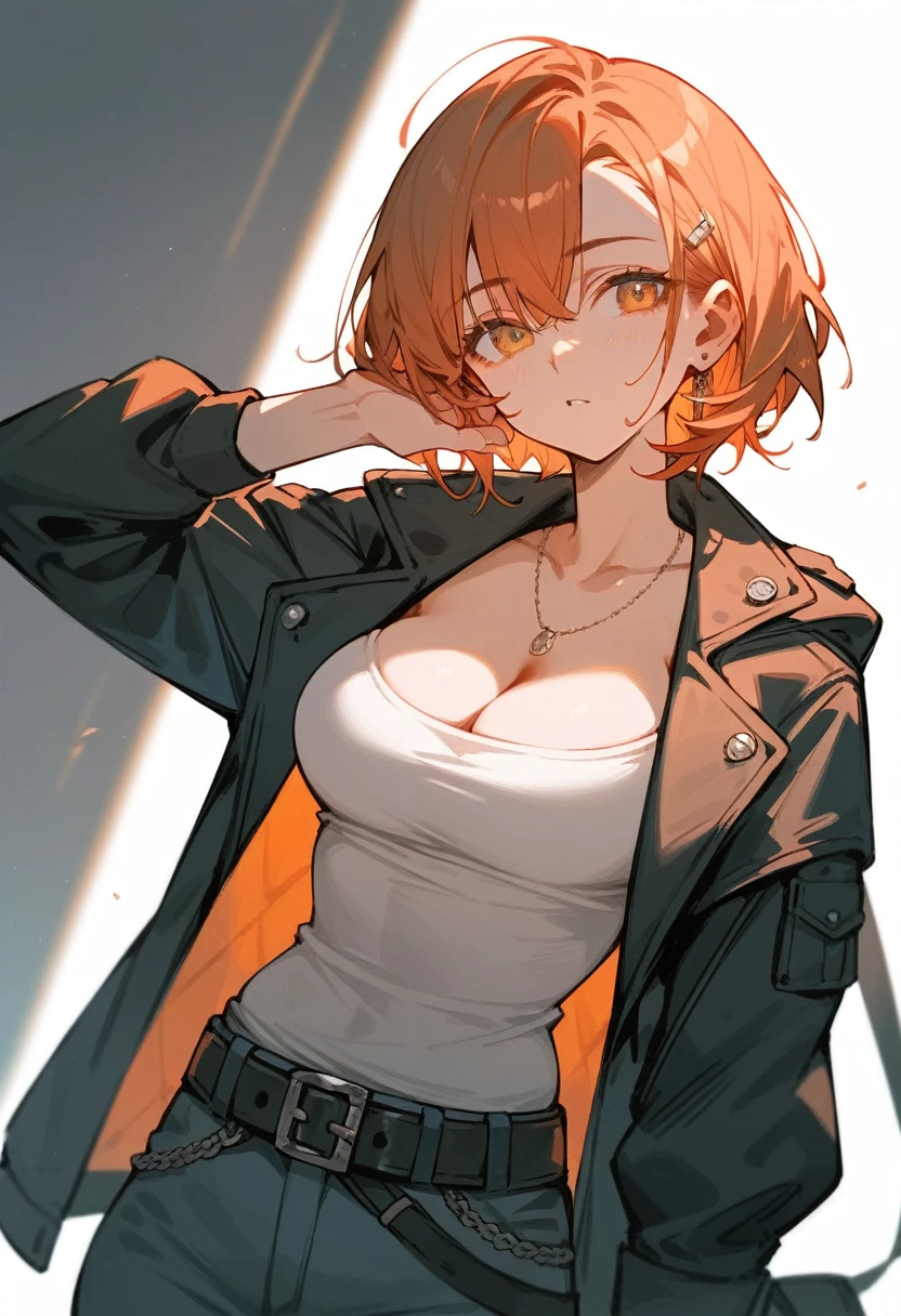 (masterpiece), best quality, expressive eyes, perfect face, 1girl, solo, tomboy, mature female, big breasts, short hair, Cleavage, orange hair BREAK hair buns, double buns, white tank top BREAK shorts, :o, looking at viewer, standing, blue eyes BREAK (autumn forest, falling leaves), sunset, orange sky, hands on hips, black jacket BREAK