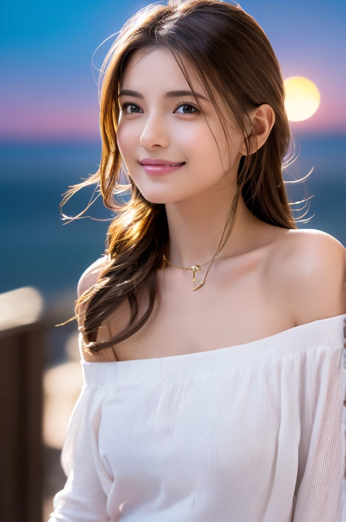 (masterpiece:1.3), high resolution, ultra detailed, extremely detailed CG unity 8k wallpaper, realistic, photo-realistic, RAW photo, beautiful detailed face, pale skin, realistic glistening skin, detailed cloth texture, detailed hair texture, Perfect Style, Beautiful Face, accurate, Anatomically correct, Highly detailed face and skin texture, natural neck length, (wet body, wet hair:1.1),
BREAK
Detailed eyes, symmetric eyes, Brown eyes, Double eyelids, Thin eyebrows, (Sexy Lips:1.3), (happy smile:1.2), (blush:1.2)
BREAK,
((Innocent and Cute girl:1.3)), ((wearing a off-shoulder White blouse:1.4)), (Gold buckle belt), (skinny jeans:1.2), (cross strap high heels:1.2), (necklace, bracelet), (Thin hoop earrings), (pinky ring), (beautiful blue nails:1.2),
Layered Hairstyle, (brown hair:1.2), (wavy hair:1.2), medium long hair, (large breasts, firm breast, nicely shaped breasts:1.1),
BREAK,
((Standing to close:1.4)), ((looking up at viewer:1.2)),
((close-up shot:1.2)), (Focus on face:1.2), (from above:1.2), (in an outdoor stylish beachside terrace), ((A view of The night sky filled with numerous stars and a large full moon shining brightly:1.3)),