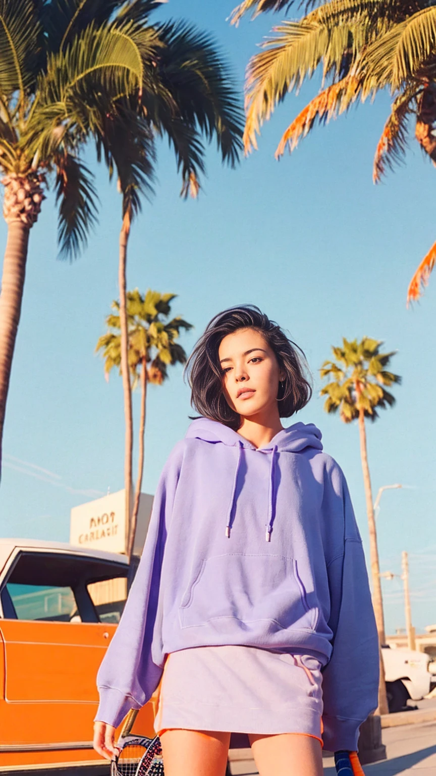 portrait of a 23 yo girl, (perfect natural breast) ,wear (((color orange oversized hoodie))), wear ((purple tennis skirt)),looking front,Best Quality,Masterpiece,Ultra High Resolution,(Realisticity:1.4),Original Photo, 1Girl, light leak,ultra high resolution,UHD,beautiful, (black bob hair), almond eye, no makeup, in front of ((80's gas station)), (realistic:1.2), (surreal:1.3), (very detailed:1.1), ((masterpiece)),summer, blue sky, palm trees,sunny, los angles vibes,film camera, 800mm lens,style of Philip Lorca diCorcia