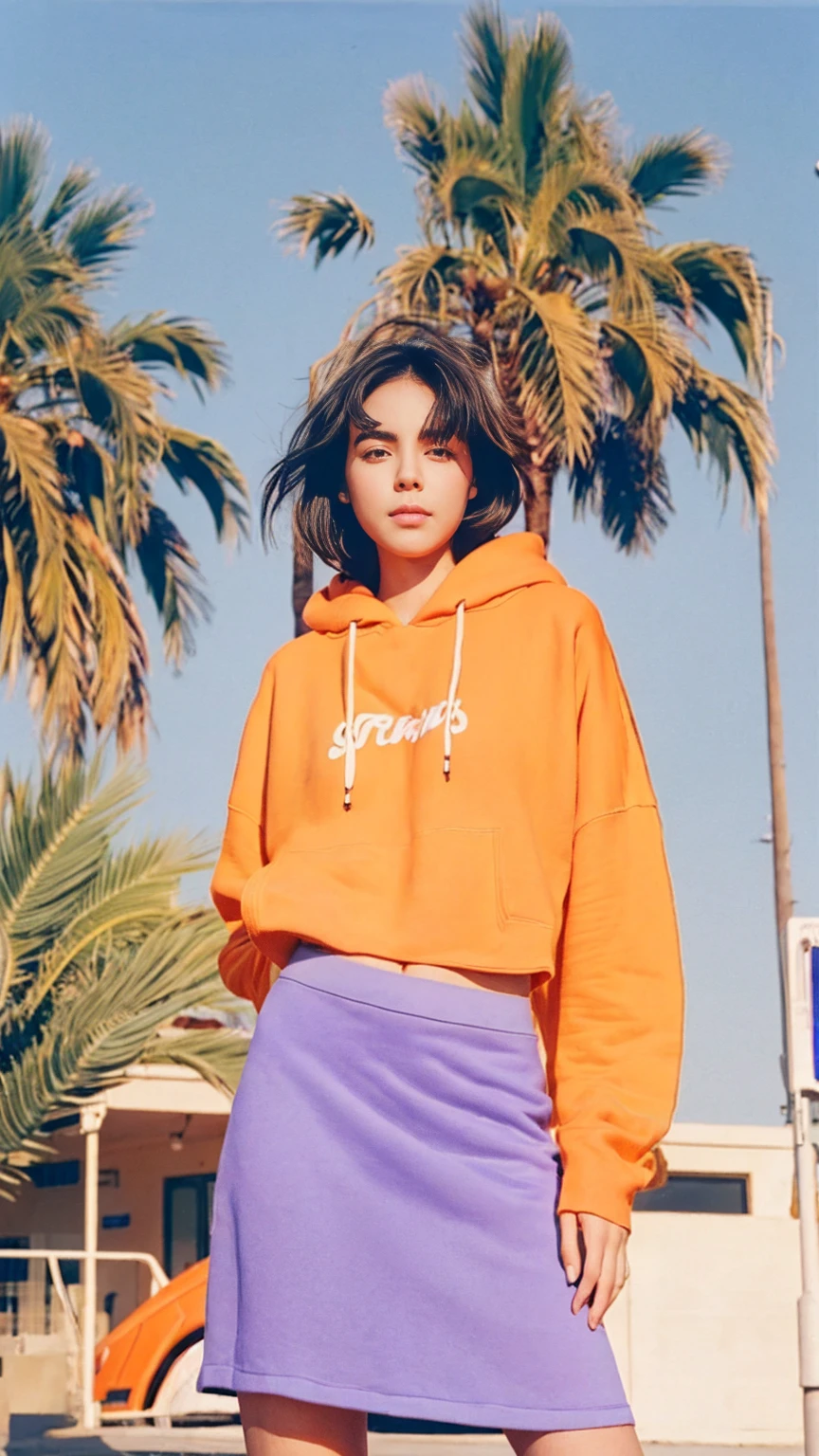 portrait of a 23 yo girl, (perfect natural breast) ,wear (((color orange oversized hoodie))), wear ((purple tennis skirt)),looking front,Best Quality,Masterpiece,Ultra High Resolution,(Realisticity:1.4),Original Photo, 1Girl, light leak,ultra high resolution,UHD,beautiful, (black bob hair), almond eye, no makeup, in front of ((80's gas station)), (realistic:1.2), (surreal:1.3), (very detailed:1.1), ((masterpiece)),summer, blue sky, palm trees,sunny, los angles vibes,film camera, 800mm lens,style of Philip Lorca diCorcia