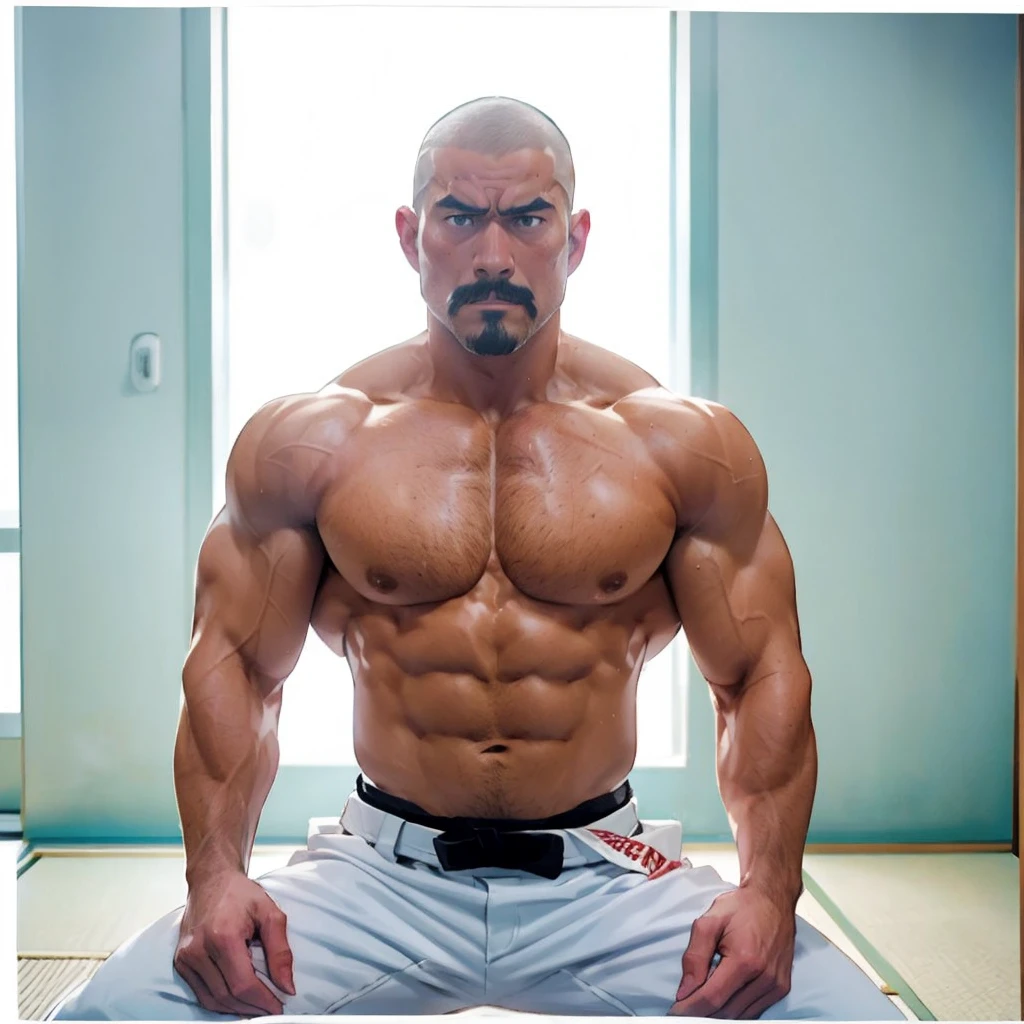 Shirtless and wearing white pants、A 40-year-old shirtless Japanese karateka with a black belt and moustache stands in a dimly lit dojo,Put your back against the wall,Oblique front view from the waist up,A fierce look,Expression distorted in pain,Open the chest,drooling, Pathological look,black belt,put back on the wall,put bottom on the wall,Put your hands in your pockets,Thin arms,Shaved Head,shirtless