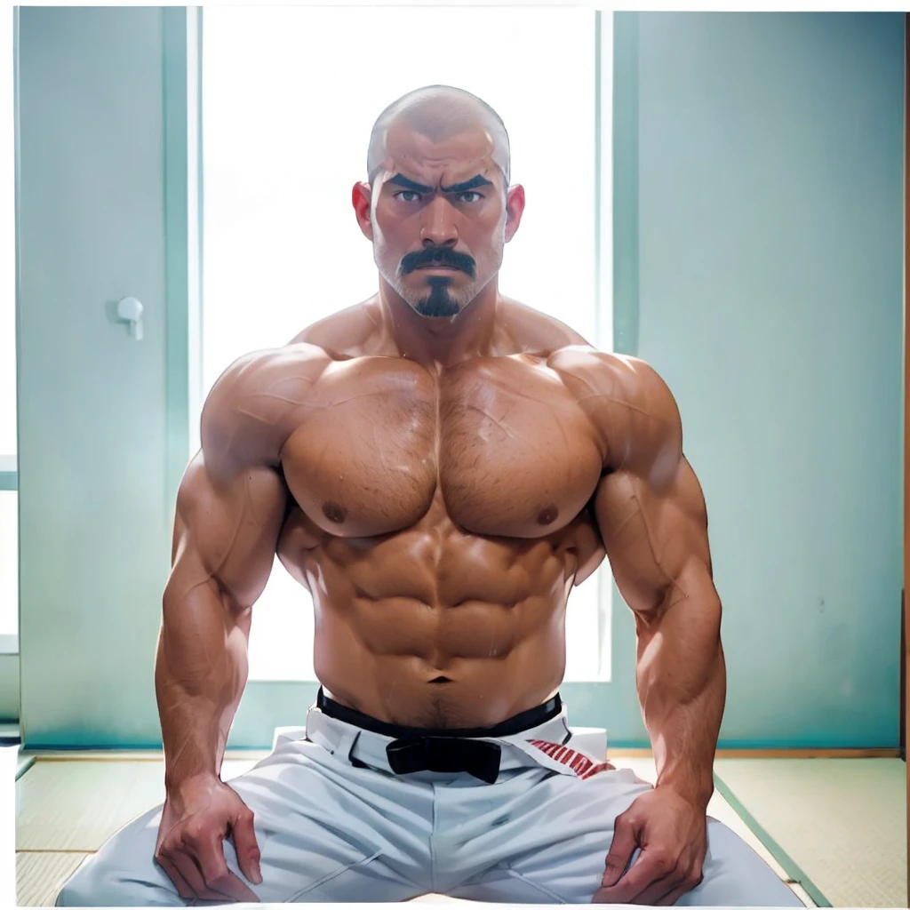 Shirtless and wearing white pants、A 40-year-old shirtless Japanese karateka with a black belt and moustache stands in a dimly lit dojo,Put your back against the wall,Oblique front view from the waist up,A fierce look,Expression distorted in pain,Open the chest,drooling, Pathological look,black belt,put back on the wall,put bottom on the wall,Put your hands in your pockets,Thin arms,Shaved Head,shirtless