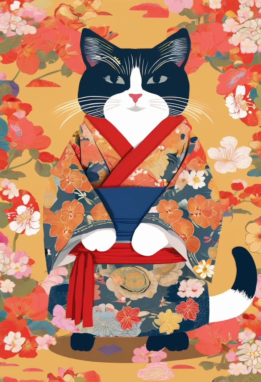 Cat Wearing a kimono small、round