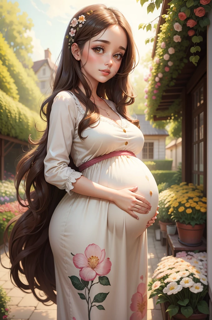 a painting of a pregnant woman with long brown hair, digital cartoon painting art, beautiful digital illustration, cute digital art, a beautiful artwork illustration, cartoon digital painting, blur floral garden open sky background