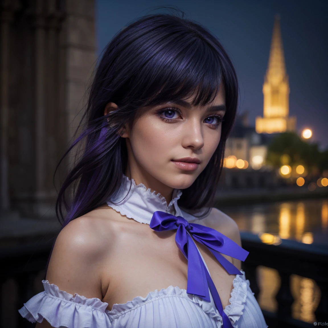 (1 lady), (Best quality at best:1.4), (ultra - detailed), (extremely detailed CG unified 16k), A Beautiful Woman with Perfect Figure: 1.4, Sharp Focus: 1.2, very detailed, High-definition RAW color photo, professional photoshooting, amazing face and eyes, cosmetics, (amazingly beautiful girl), ((frederica bernkastel)), ((purple bow, dress, frills, white kneehighs, kneehighs bow, mary janes, cat tail, tail ornament)), (Dark and stylish huge gothic cathedral from outside, city lights at night, city lights:1.3), (look from down), realistic cinematic face, photo portrait, shoulders to head view, photorealistic, ((realistic natural purple hair style, purple eyes, long hair, purple hair)), gorgeous, extremely beautiful face, perfect model beauty, pout mouth, Highly Detailed Face and Skin Texture, Detailed Eyes, Double Eyelids, Medium Breasts, Smile, cleavages, western, (masterpiece), best quality, high resolution, extremely detailed, blurred background, depth of field, cinematic lighting, clear and well-cared skin,