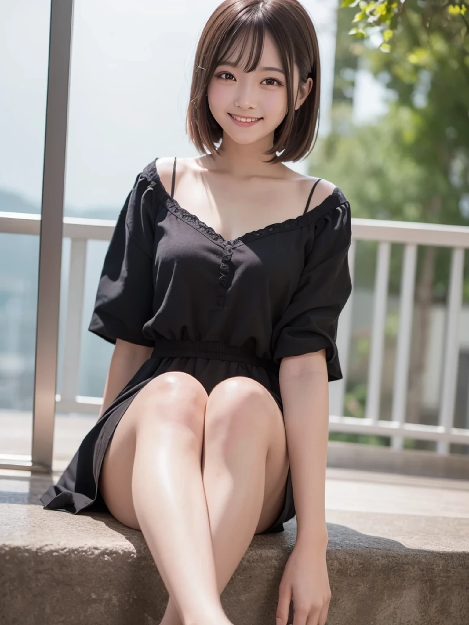 Highest quality, Detailed face, High resolution, One girl, Middle chest, smile, Black Dress , Grey mini skirt, Excellent anatomy, View your viewers, Soft Focus, Cinema Lighting, Depth of written boundary, ((Happy expression)), Mid-length hair, barefoot, Outdoor, Asymmetrical hairstyle