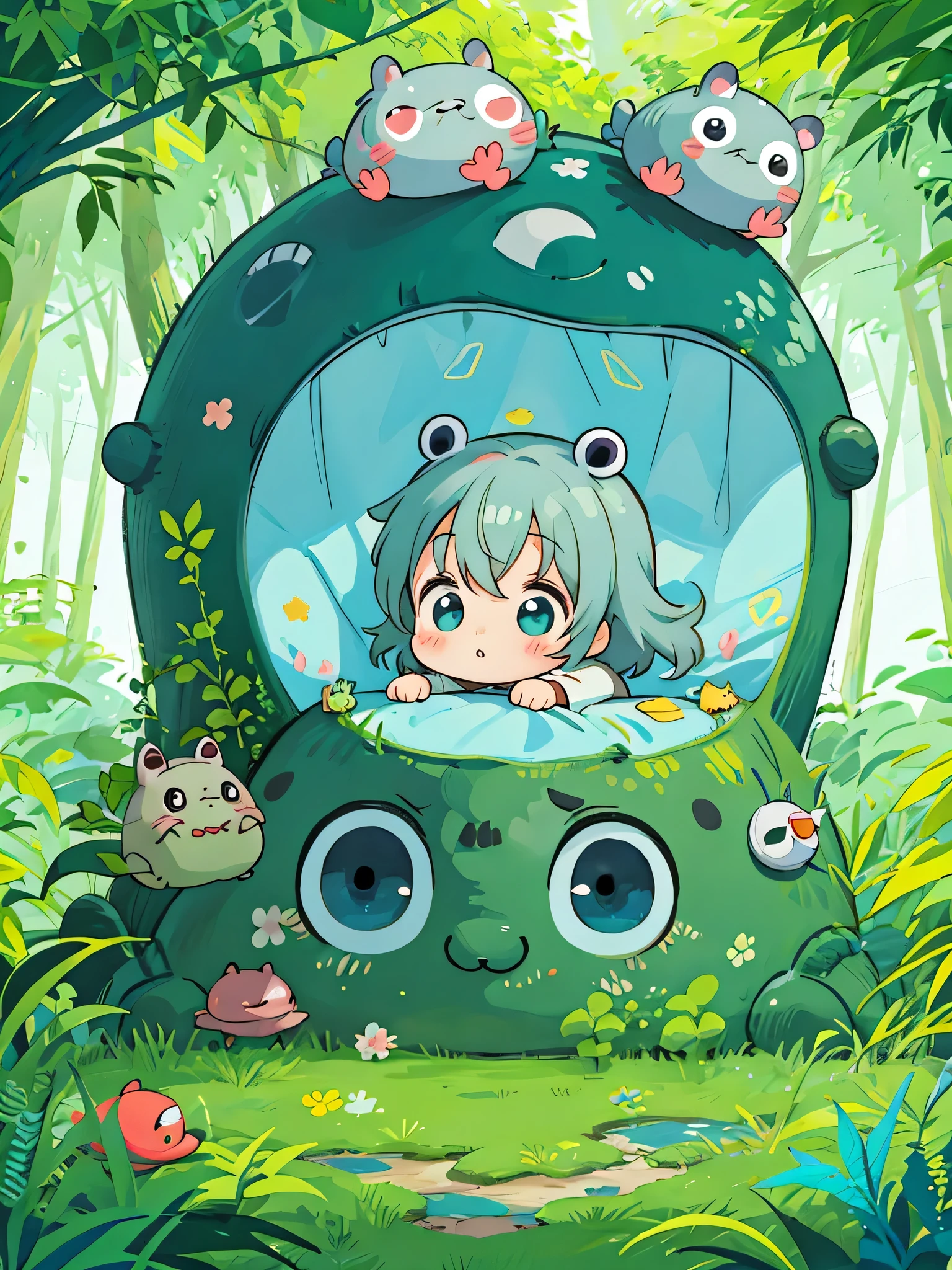 Mika Pikazo style, Kawaii Design, The most beautiful girl of all time、Chibi, Colorful and cute pillbugs, Totoro Forest