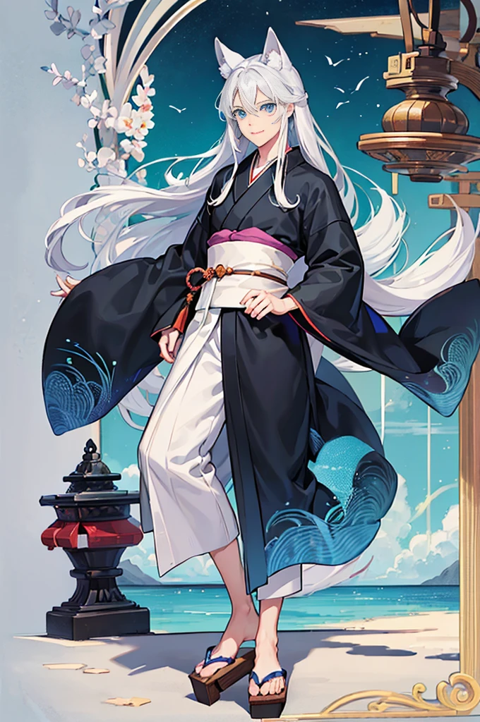 ((Detailed eyes, Shining eyes:1.2)),Has blue eyes,{best quality}, {very aesthetic}, {ultra-detailed}, {best illustration}, nsfw,{{1boys}},,boy,Tsurime Eyes,look at viewer,silver long hair,man,Fox ears,cute boy,eyes hidden by hair,Long Bangs,Perfect Face,Perfect Anatomy,Simple Background,whole body,7 heads,Are standing,tabi,geta,Kimono boy,Character Settings,((full body)),smile