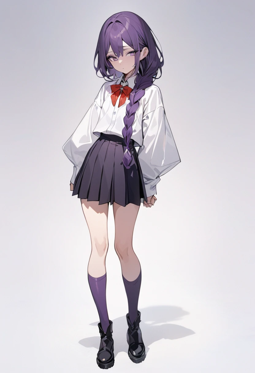 masterpiece, best quality, young woman, dark purple hair, very long single braid, bright purple eyes, white collared shirt, furisode sleeves, thin red bow tie with a diamond-shaped pin on the front of the bow under the collar, black high-waisted pleated skirt, dark purple high socks, black ankle boots, emotionless, calm, expressionless, white background, full body