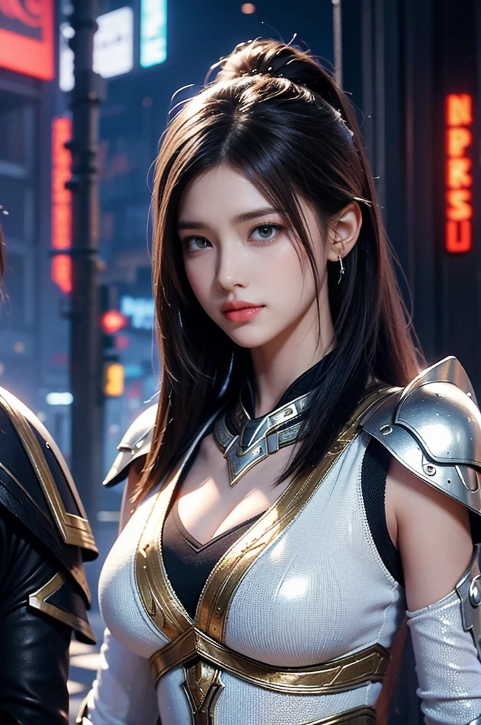 Game art,The best picture quality,Highest resolution,,((A bust photograph)),((Portrait)),(Rule of thirds),Unreal Engine 5 rendering works, (The Girl of the Future),(Female Warrior),22-year-old girl,(Hair random), beautiful eye full of detail),(Big breasts),Elegant and charming,Smile,(frown),(Clothes full of futuristic sci-fi style,Sweater,A delicate pattern,Glittering jewels,Armor,White and red),Cyberpunk Characters,Future Style, Photo poses,Street background,Movie lights,Ray tracing,Game CG, Unreal Engine)), rendering reflection pattern