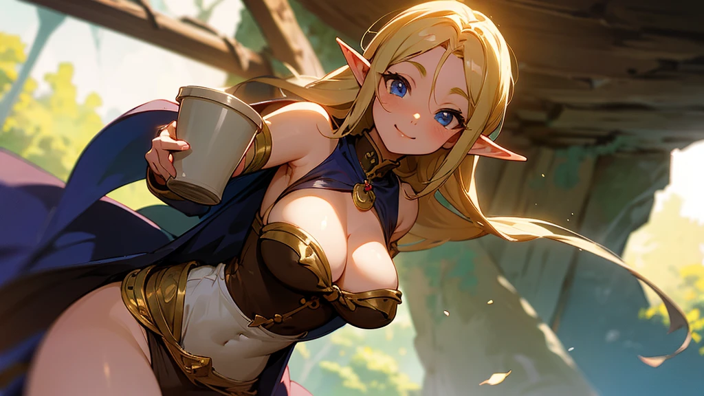 Anime Style,Nostalgic,Detailed background,The medieval world,A busy cave full of people,Smiling bard beautiful elf girl holding coffee,Large Breasts,Healthy thighs,Underarm
