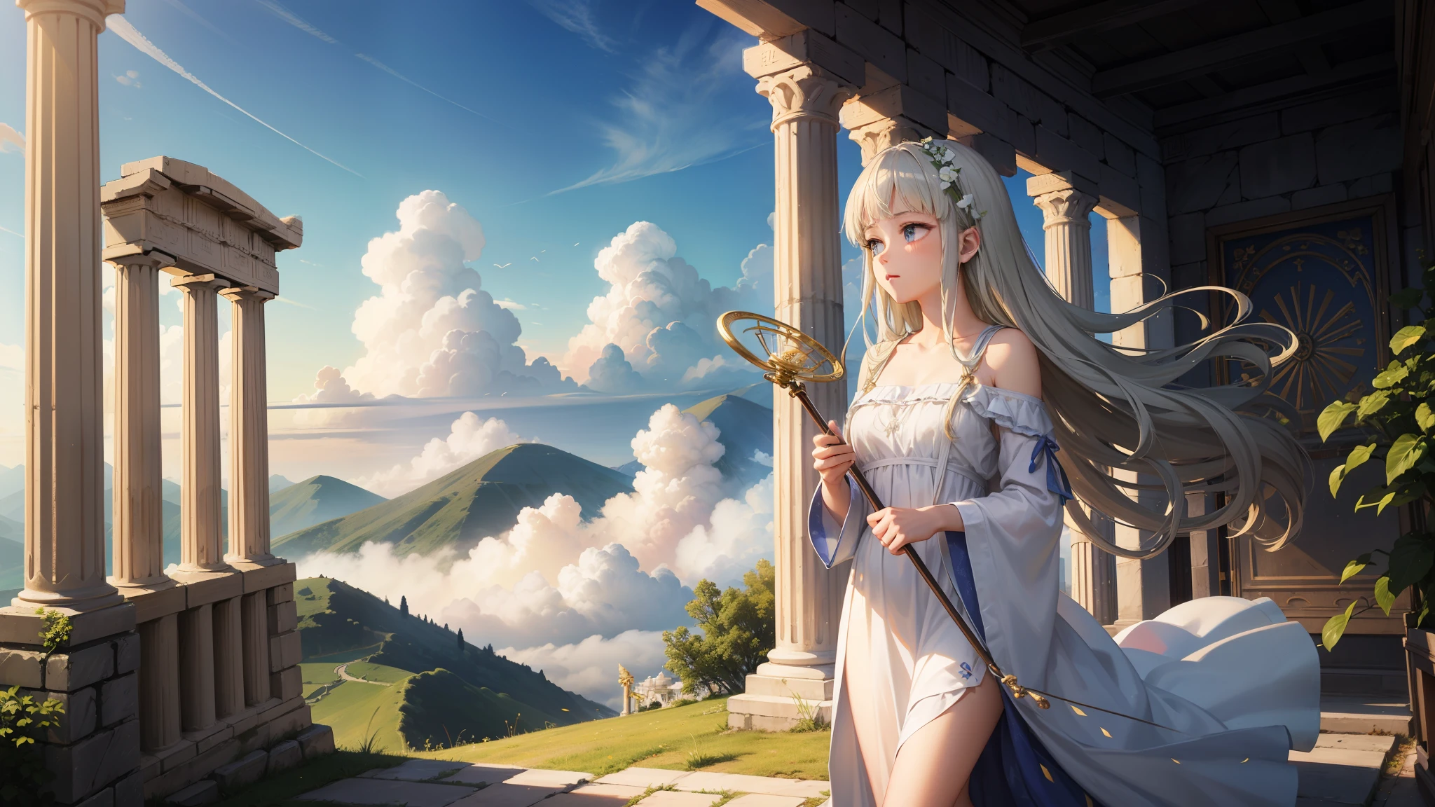 最high quality、high quality、Young Greek God々、Sanctuary Grassland、Long dress、Light-filled、mysterious、Have a lyre、Greek temple in the clouds、Skyline、