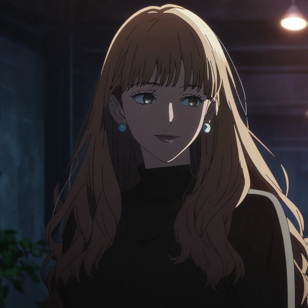 1girl, female gojo satoru, anime screencap from jujutsu kaisen, gojo satoru female version, solo, long_hair, blue eyes ((Dark Brown_hair, wavy hair)), night view, (hanging breasts) upper_body, smile, indoors, brown_eyes, lips (straight hair) (wearing round sunglasses) ((wearing black sweater outfit)) breast, "very detailed and high resolution" (brown eyes) ((solo)) (front view) (earings) ((high resolution)) ((good quality)) ((bangs))
