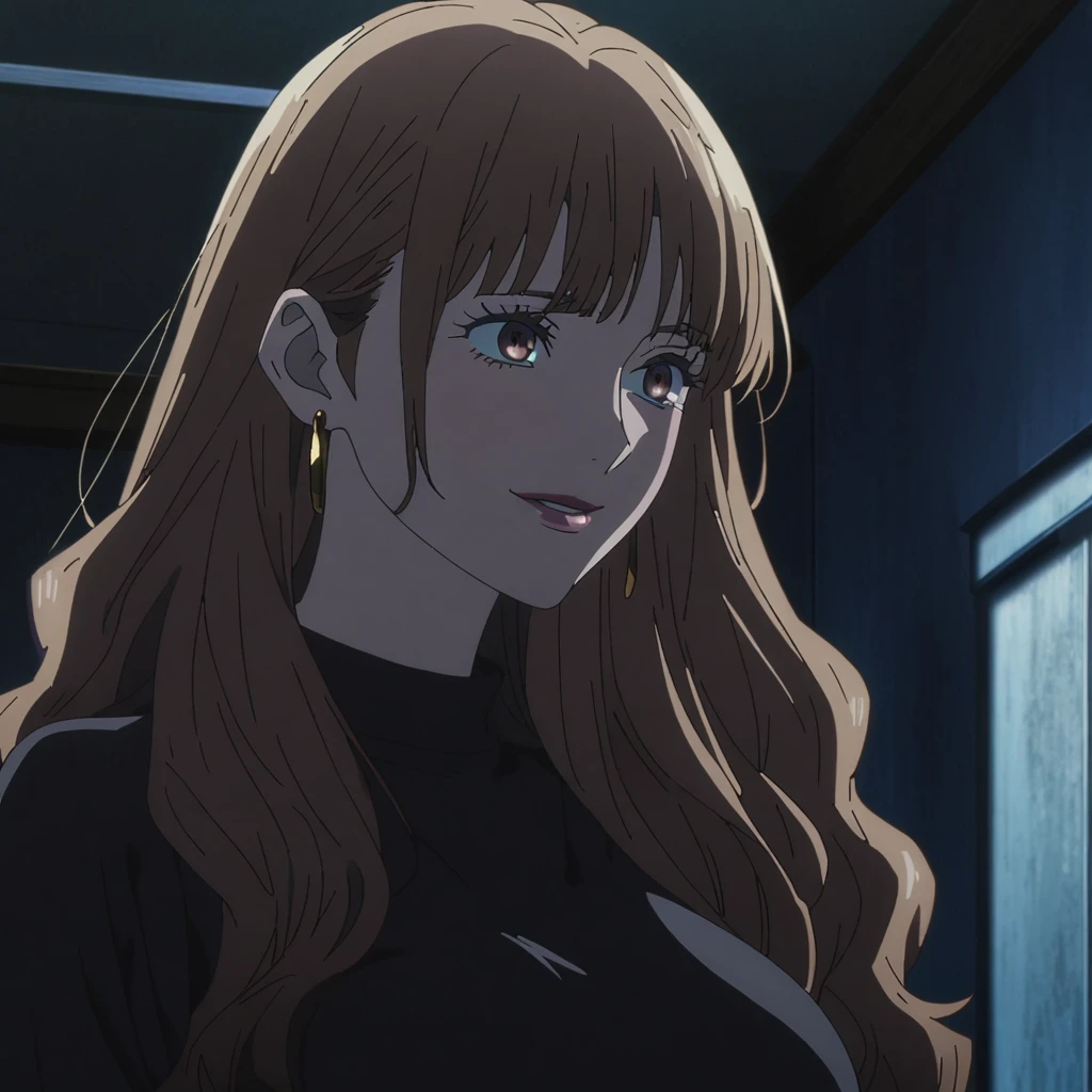 1girl, female gojo satoru, anime screencap from jujutsu kaisen, gojo satoru female version, solo, long_hair, blue eyes ((Dark Brown_hair, wavy hair)), night view, (hanging breasts) upper_body, smile, indoors, brown_eyes, lips (straight hair) (wearing round sunglasses) ((wearing black sweater outfit)) breast, "very detailed and high resolution" (brown eyes) ((solo)) (front view) (earings) ((high resolution)) ((good quality)) ((bangs))