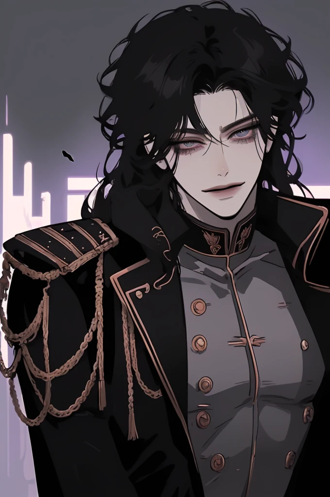 anime man in the night city, attractive man with сиреневые глаза while squinting, black hair, 1 person, (((black military uniform))), beautiful detailed eyes, lilac eyes eyes, squinting, shoulder-length curly hair, (Best quality,4K,8 k,A high resolution,masterpiece:1.2), ultra detailed,bright colors,dramatic lighting,complex parts,Cinematic, A tall man, A sly smile on his face, long hair, full length