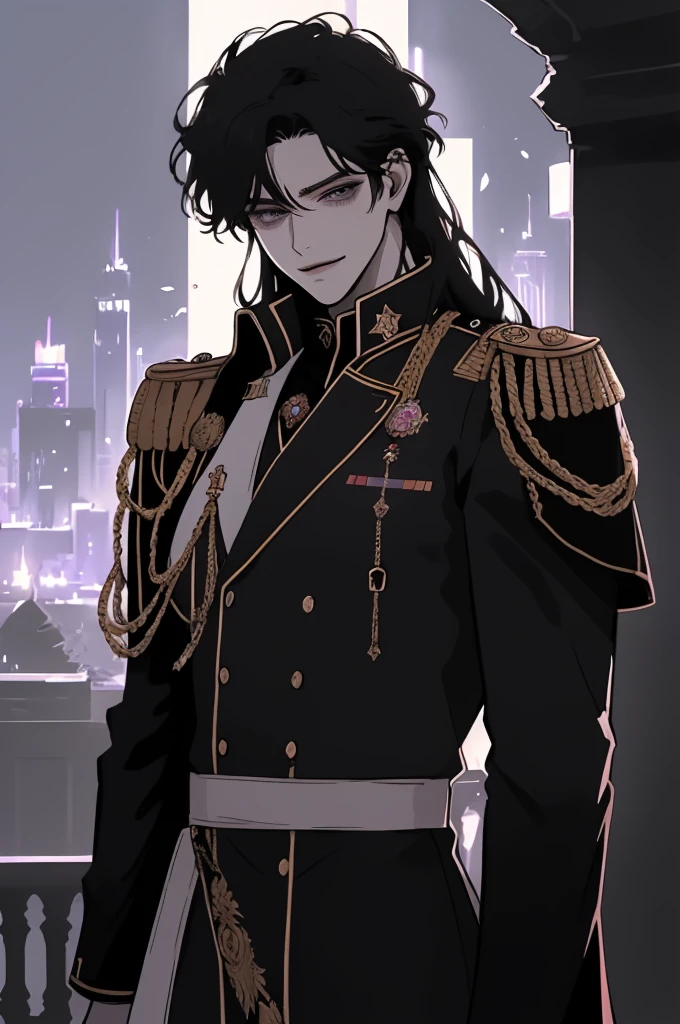 anime man in the night city, attractive man with сиреневые глаза while squinting, black hair, 1 person, (((black military uniform))), beautiful detailed eyes, lilac eyes eyes, squinting, shoulder-length curly hair, (Best quality,4K,8 k,A high resolution,masterpiece:1.2), ultra detailed,bright colors,dramatic lighting,complex parts,Cinematic, A tall man, A sly smile on his face, long hair, full length