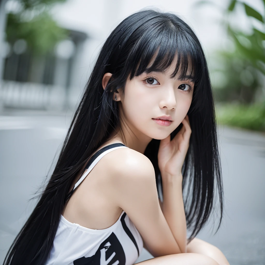 innocent girl with black hair and white skin