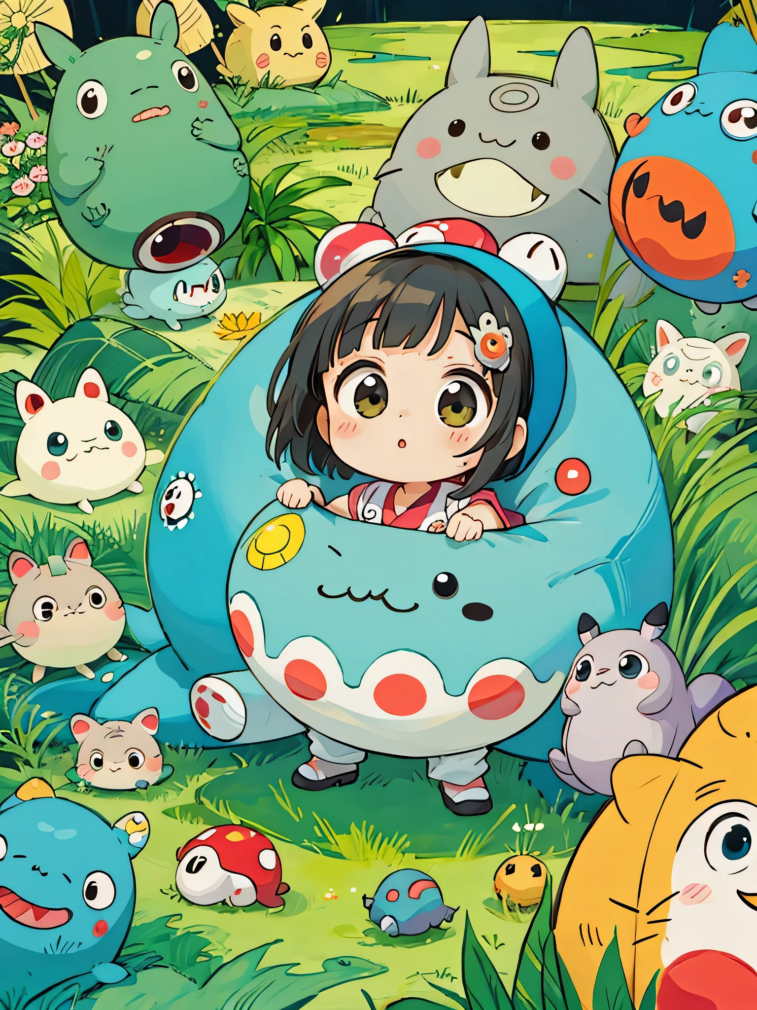 Takashi Murakami style, Kawaii Design, The most beautiful girl of all time、Chibi, Colorful and cute pillbugs, Totoro Forest