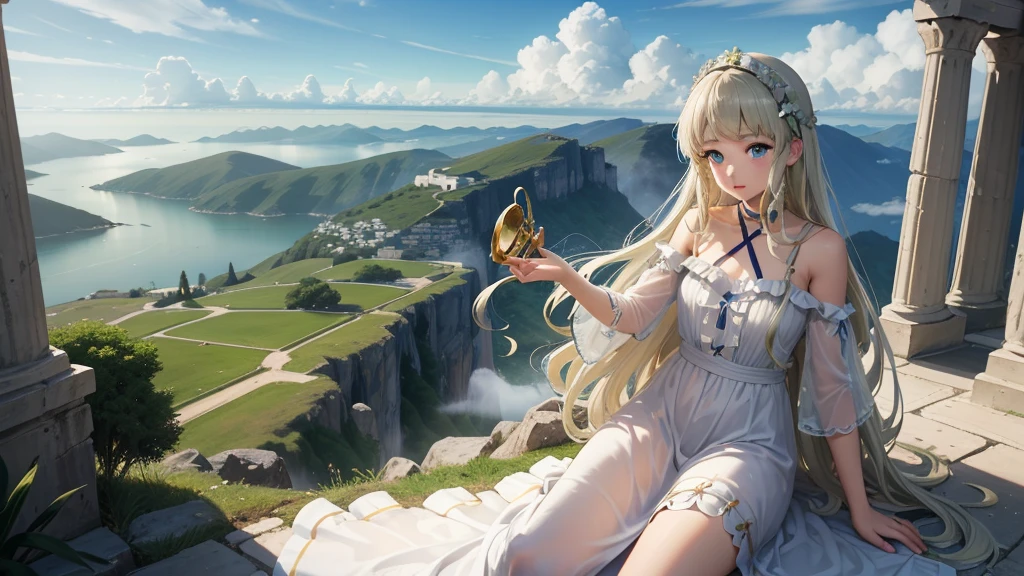 最high quality、high quality、Young Greek God々、Sanctuary Grassland、Long dress、Light-filled、mysterious、Have a lyre、Greek temple in the clouds、You can see the sea of clouds、Skyline、