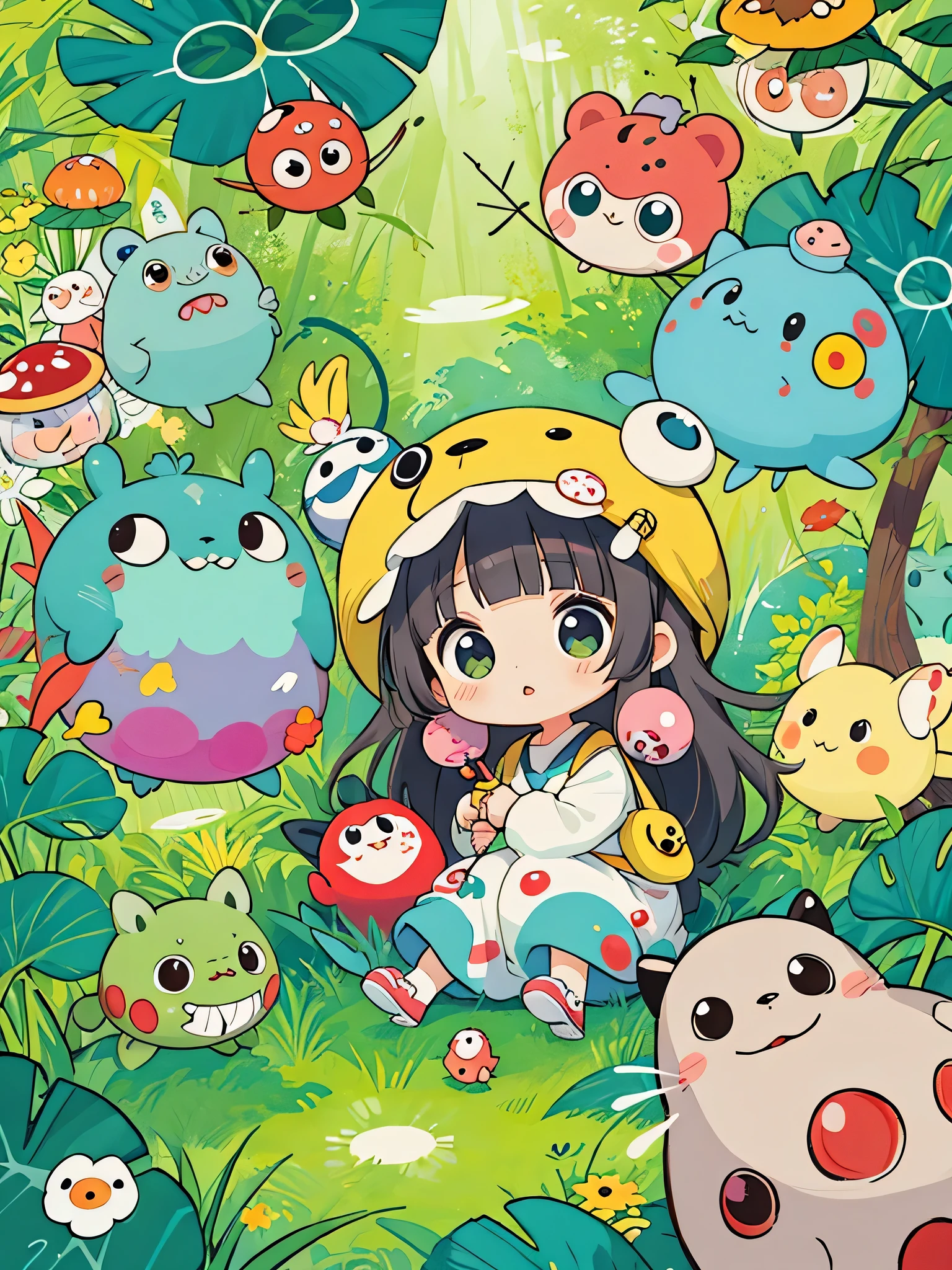 Takashi Murakami style, Kawaii Design, The most beautiful girl of all time、Chibi, Colorful and cute pillbugs, Totoro Forest