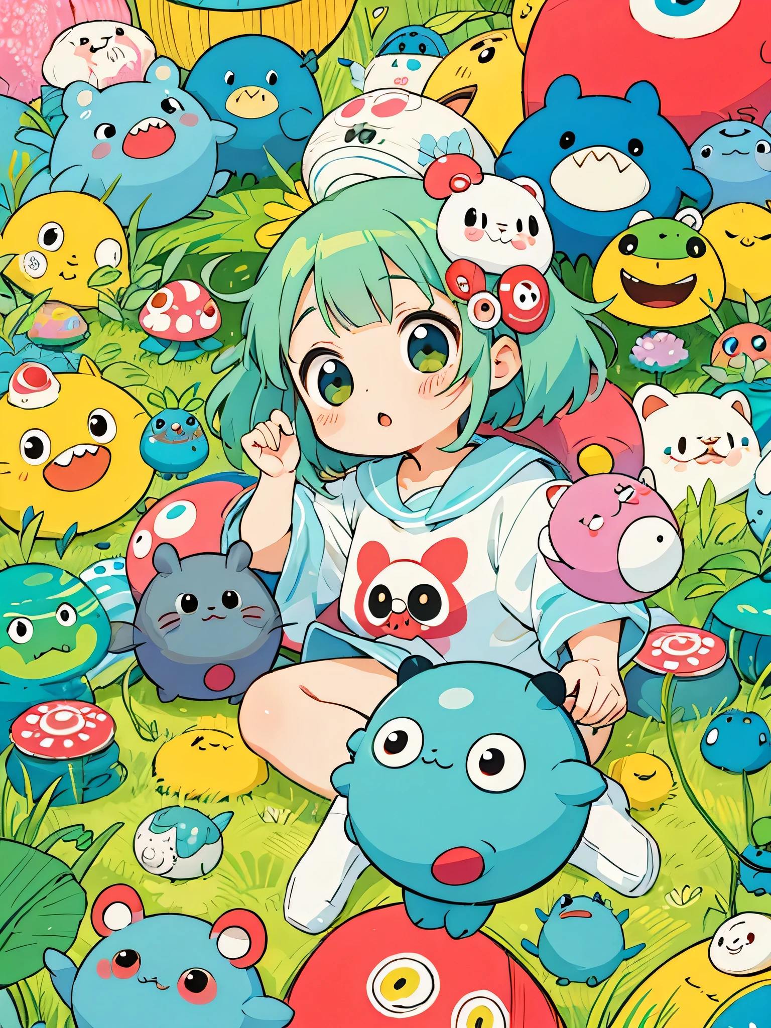 Takashi Murakami style, Kawaii Design, The most beautiful girl of all time、Chibi, Colorful and cute pillbugs, Totoro Forest