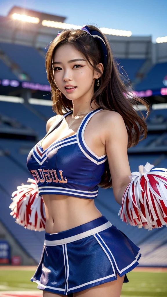 ((Highest quality、8K、Photographic realism:1.4、masterpiece))、Backlight、Highly detailed female face texture、　Lovely Japan Lady、18-year-old、(((Bull Cheerleader:1.2)))、((Stadium Background:1.2))、Raise your arms、Angle shot from below、super fine muscle、Beautiful Makeup、Delicate eyes、Laughter、Open your mouth、（Big and round breasts）#100: Shiny brown messy short hairstyle、Sculpture Pose、