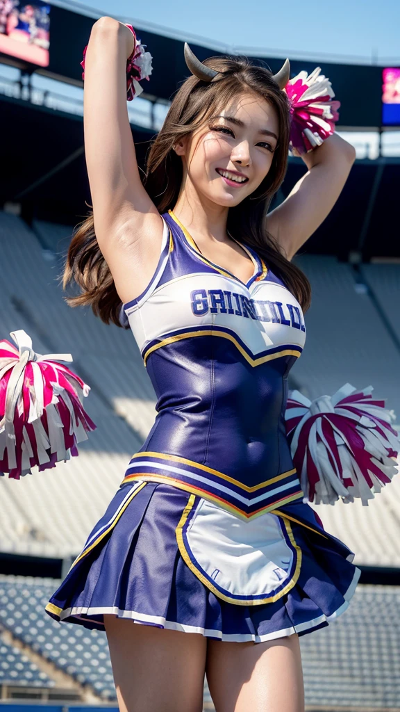 ((Highest quality、8K、Photographic realism:1.4、masterpiece))、Backlight、Highly detailed female face texture、 Lovely Japan Lady、18-year-old、(((Bull Cheerleader:1.2)))、((Stadium Background:1.2))、Raise your arms、Angle shot from below、super fine muscle、Beautiful Makeup、Delicate eyes、Laughter、Open your mouth、(Big and round breasts)#100: Shiny brown messy short hairstyle、Sculpture Pose、