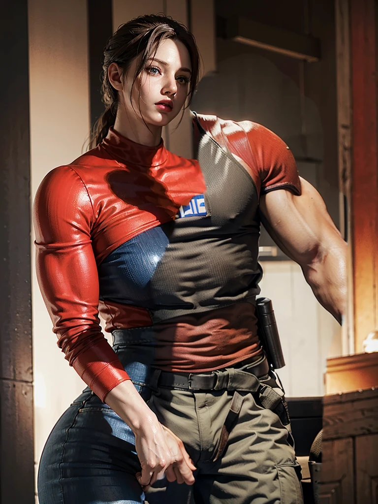 muscular man, RE4Leon, wearing police uniform, realistic, good proportions