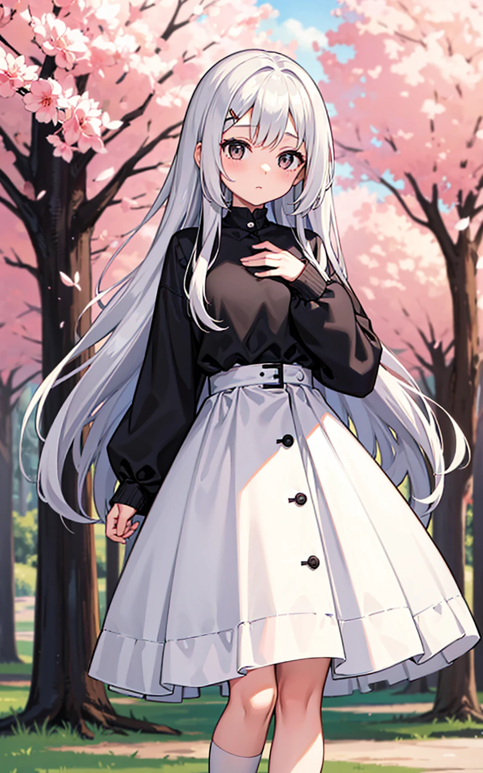 A girl，White long hair，Dissemination，17-year-old girl，C cup，gray eyes，Height 168，Looks a bit dull，Black top，White long skirt，Standing under a huge cherry tree，Facing the camera，Looking at the camera shyly，Blurred eyes，Slightly red face，One hand on chest，Looks very cute，Black shawl，Two bar hairpins in the hair，A black，A white one