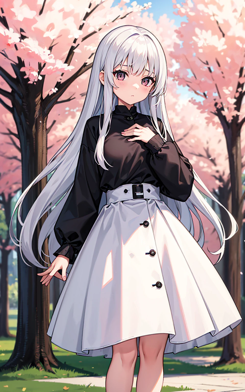 A girl,White long hair,Dissemination,17-year-old girl,C cup,gray eyes,Height 168,Looks a bit dull,Black top,White long skirt,Standing under a huge cherry tree,Facing the camera,Looking at the camera shyly,Blurred eyes,Slightly red face,One hand on chest,Looks very cute,Black shawl,Two bar hairpins in the hair,A black,A white one