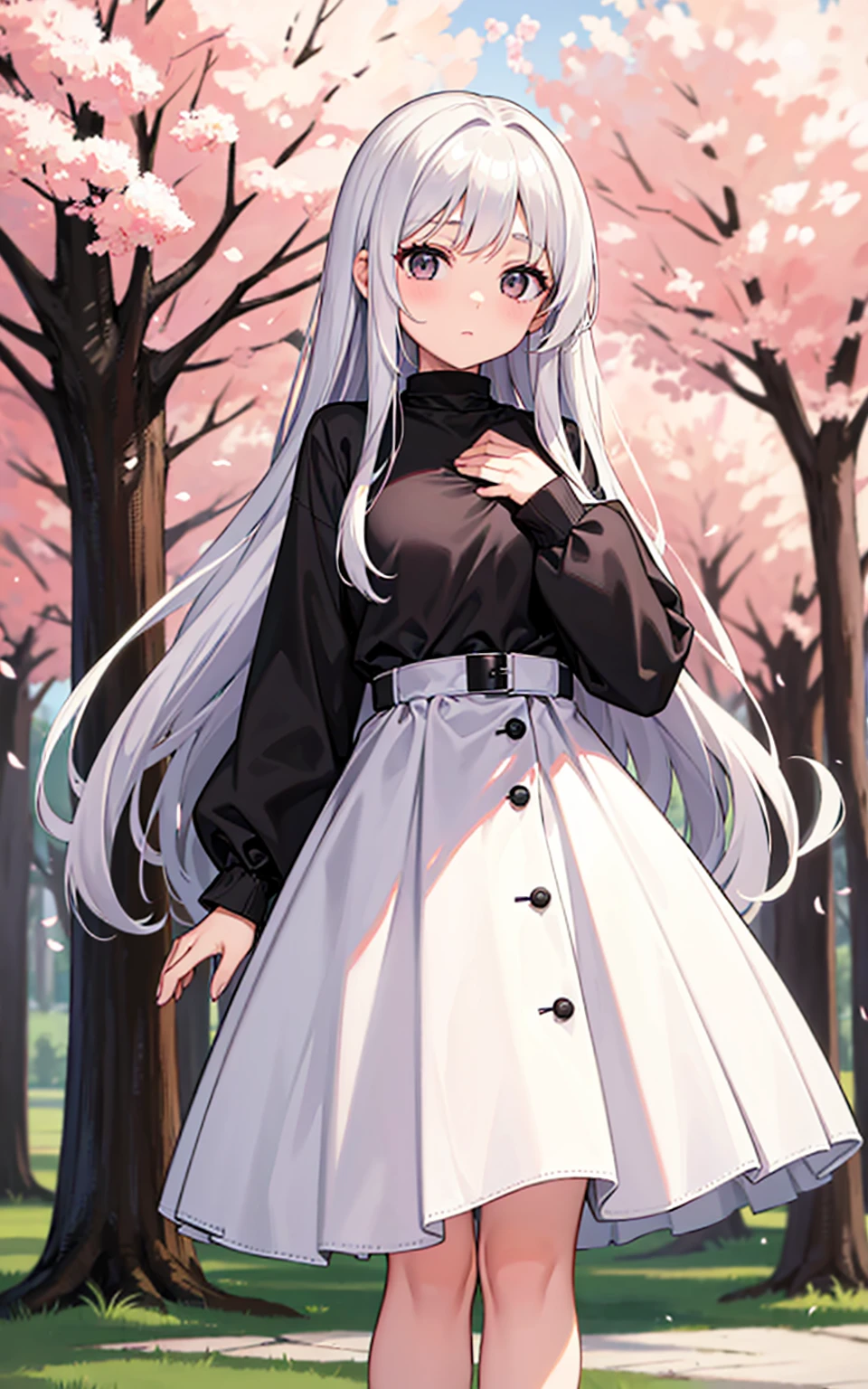 A girl,White long hair,Dissemination,17-year-old girl,C cup,gray eyes,Height 168,Looks a bit dull,Black top,White long skirt,Standing under a huge cherry tree,Facing the camera,Looking at the camera shyly,Blurred eyes,Slightly red face,One hand on chest,Looks very cute,Black shawl,Two bar hairpins in the hair,A black,A white one