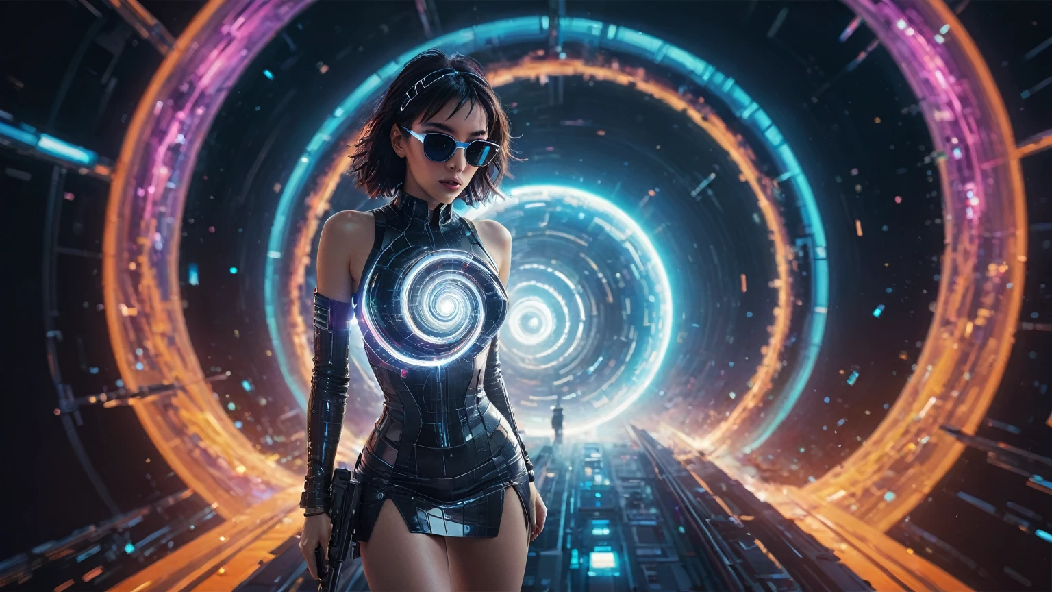 aerial view. brightly colored abstract image of a space station with a spiral, epic beautiful space scifi, chaotic cinematic space rift, greg beeple, planets colliding, beeple and tim hildebrandt, beeple and jean giraud, end of the universe, galaxy space sci-fi, ringworld, by Mike "Beeple" Winkelmann. Matrix style, (((((Matrix cascading code))))), (((((a futuristic twin tower skyscraper with a unique twisted design))))), (((((OLED GUI interfaces in the building))))), at night, (((((1girl, solo))))), photo realistic, (((large-breast:1.2 slim body, cleavage))), (((off broken mini sling-shirt and black sling bra, extreamly short pleated miniskirt exposing panty))), (((((running pose))))), (((((matrix style black sunglasses))))), ((((((((((aiming with a short gun)))))))))), (((((looking at camera))))), (((very low view))), (((((half-body thigh level medium shot))))), (((cinematic lighting))).