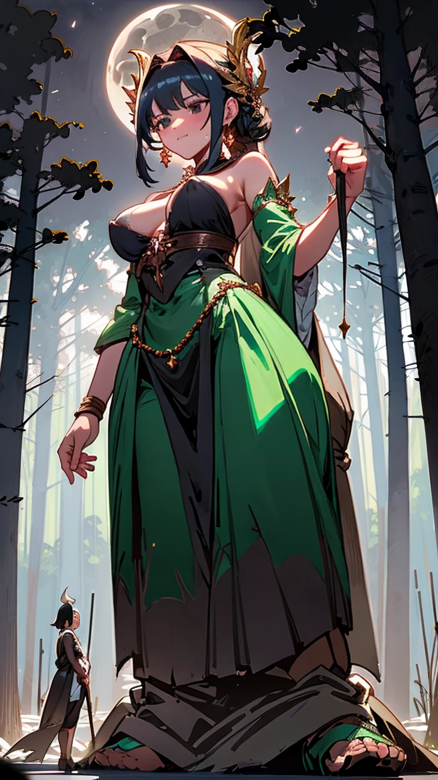 Amidst a dense, moonlit forest, a goddess stands with her back against an ancient tree, her body partially concealed by the shadows. Normal-sized individuals approach hesitantly, their excitement palpable as they take in her sultry smile and the way her enormous form blends with the night.

