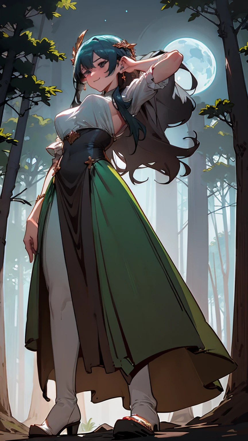 Amidst a dense, moonlit forest, a goddess stands with her back against an ancient tree, her body partially concealed by the shadows. Normal-sized individuals approach hesitantly, their excitement palpable as they take in her sultry smile and the way her enormous form blends with the night.
