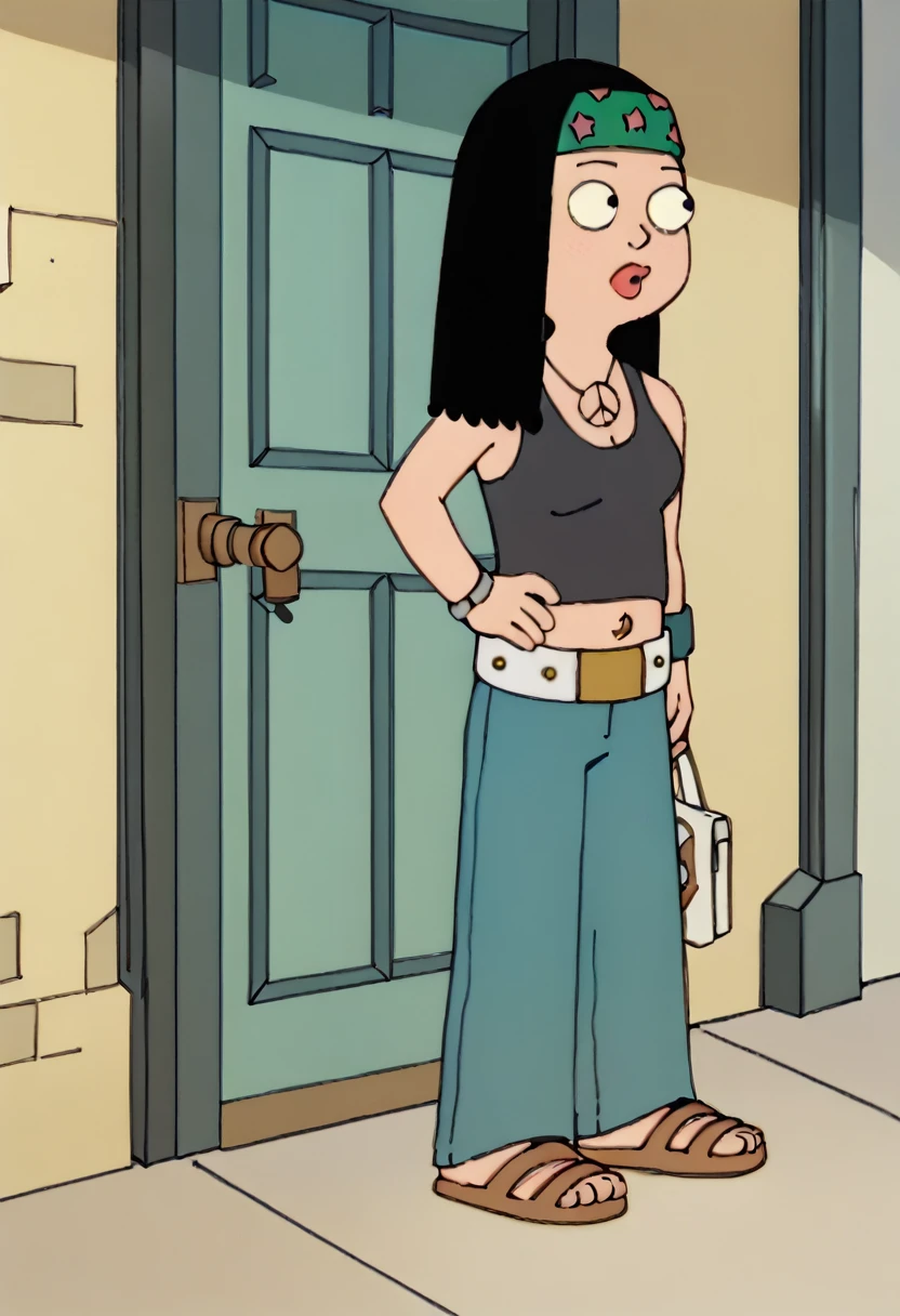 Hayley Smith, black hair, black tank top, medium breasts, blue jeans, sandals 