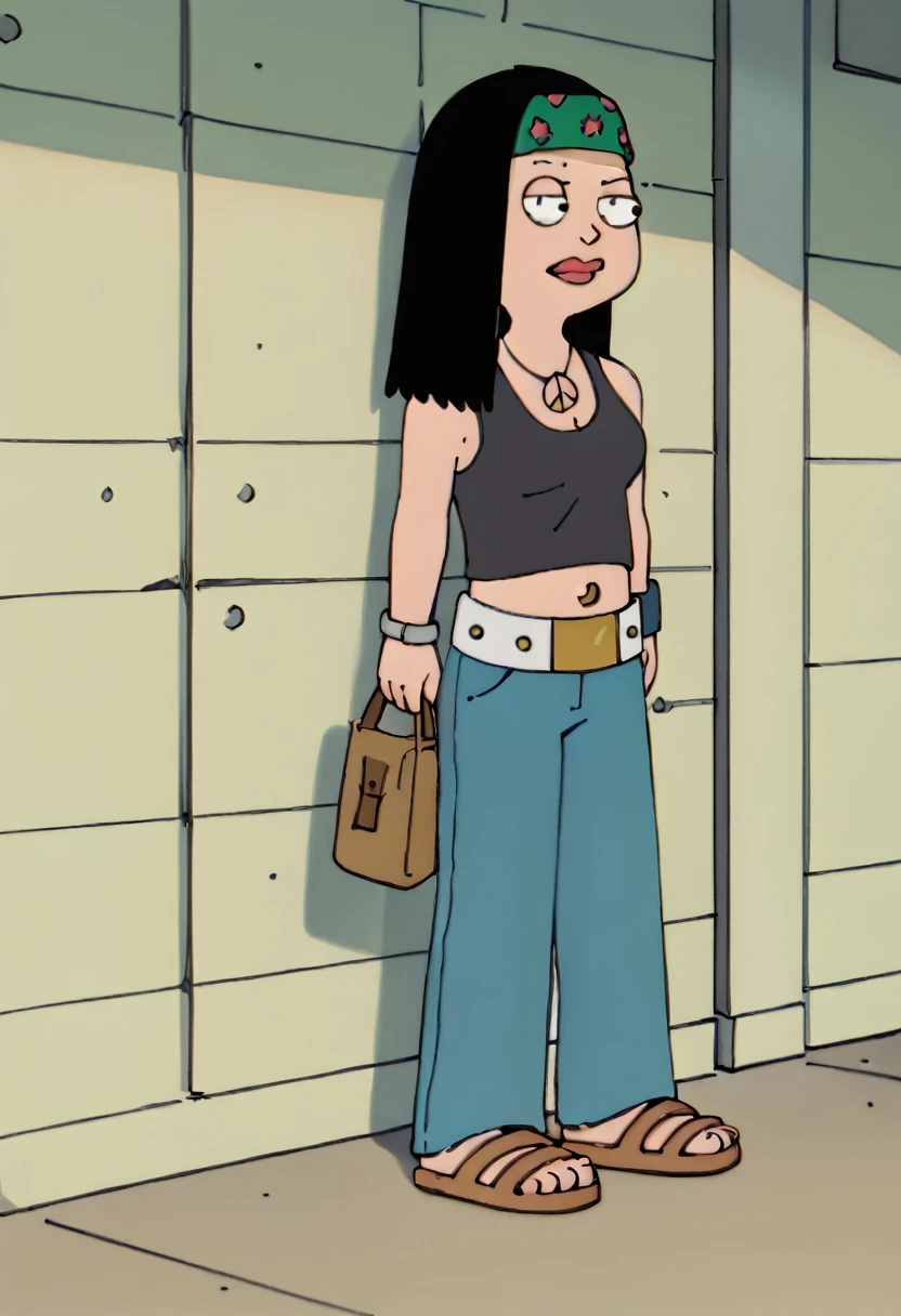 Hayley Smith, black hair, black tank top, medium breasts, blue jeans, sandals
