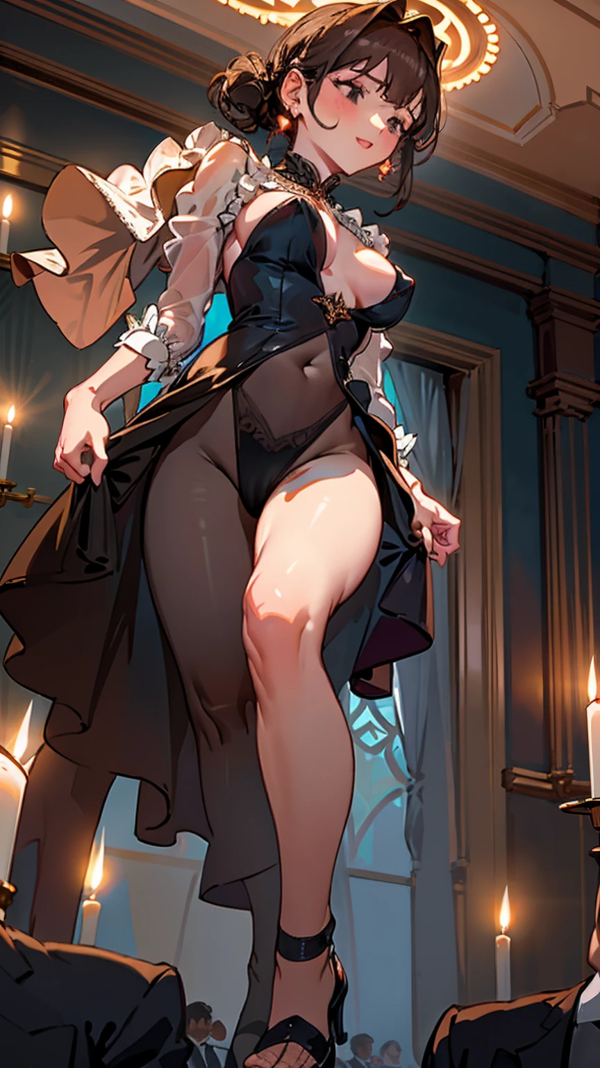 Inside a grand, candlelit ballroom, a giantess dances slowly, her elegant movements mesmerizing those around her. Normal-sized attendees watch in awe and arousal, their imaginations running wild as they observe her graceful, seductive sway.

