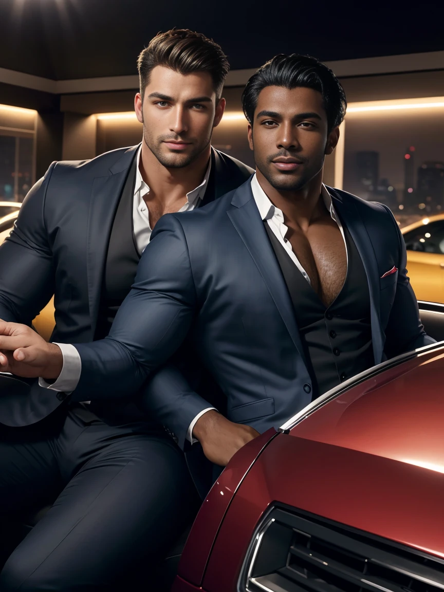 8K,8K resolution,2 Muscular Europeans, handsome man,charming eyes,dark skin,beautiful, smooth and shiny,Full muscles,Thick body hair, (wearing a stylish suit),big bag highlights,Excellent j8,emphasize,Driving a luxury convertible,The car is full of roses,Two men smiling happily,professional lighting,Professional photography,Realistic photos,realistic model,realistic art,Perfect hand details