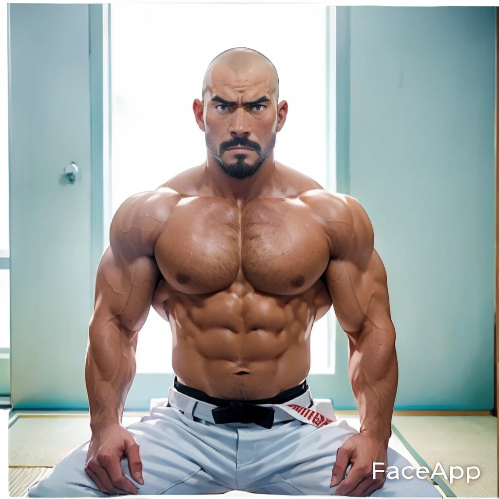 Shirtless and wearing white pants、A 40-year-old shirtless Japanese karateka with a black belt and moustache stands in a dimly lit dojo,Put your back against the wall,Oblique front view from the waist up,A fierce look,Expression distorted in pain,Open the chest,drooling, Pathological look,black belt,put back on the wall,put bottom on the wall,Put your hands in your pockets,Thin arms,Shaved Head,shirtless