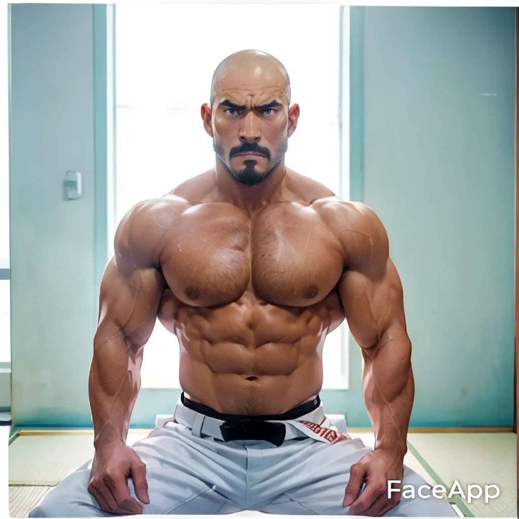 Shirtless and wearing white pants、A 40-year-old shirtless Japanese karateka with a black belt and moustache stands in a dimly lit dojo,Put your back against the wall,Oblique front view from the waist up,A fierce look,Expression distorted in pain,Open the chest,drooling, Pathological look,black belt,put back on the wall,put bottom on the wall,Put your hands in your pockets,Thin arms,Shaved Head,shirtless